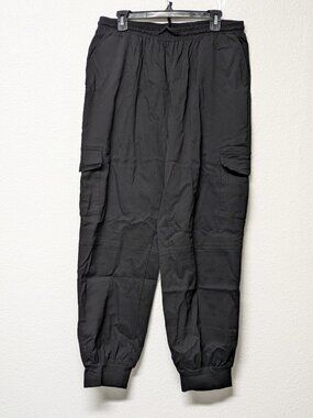 Women's Black Drawstring Ankle Cuffed Utility Cargo Jogger Trouser Pants